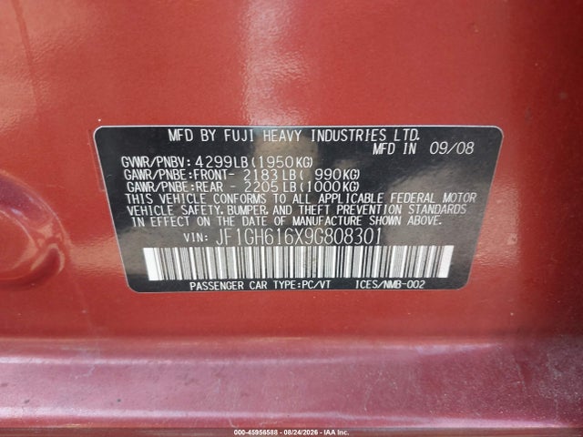 45956588 :رقم المزاد ، JF1GH616X9G808301 vin ، 2009 Subaru Impreza 2.5i مزاد بيع