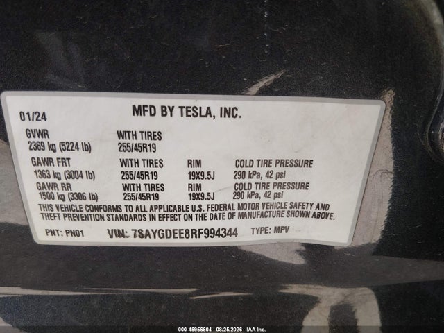 Продаж на аукціоні авто 2024 Tesla Model Y Long Range Dual Motor All-wheel Drive, vin: 7SAYGDEE8RF994344, номер лоту: 45956604