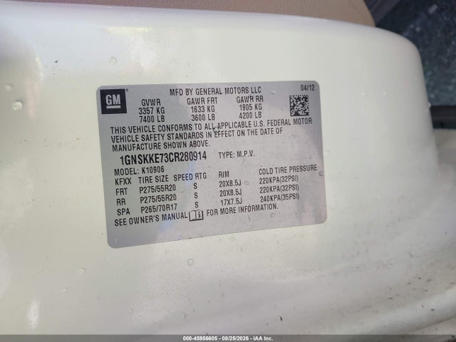 Aukcja sprzedaży 2012 Chevrolet Suburban Ltz, vin: 1GNSKKE73CR280914, numer aukcji: 45956605