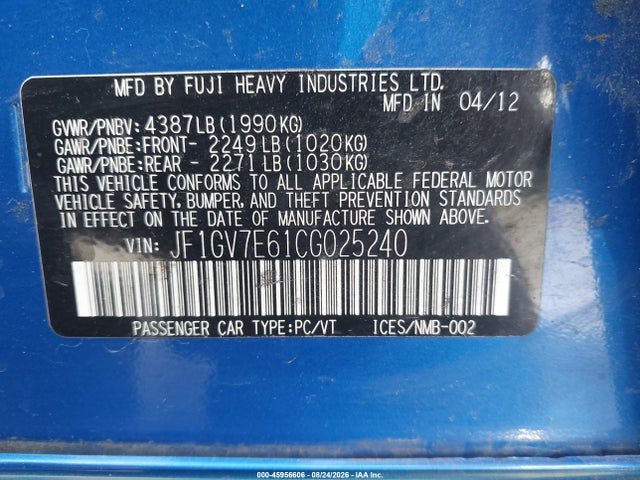 Aukcja sprzedaży 2012 Subaru Impreza Wrx, vin: JF1GV7E61CG025240, numer aukcji: 45956606