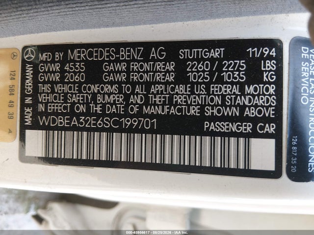 45956617 :رقم المزاد ، WDBEA32E6SC199701 vin ، 1995 Mercedes-benz E 320 Base/320 Special مزاد بيع
