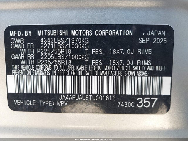 JA4ARUAU6TU001616 Mitsubishi Outlander Sport 2.0 Es/2.0 Le/2.0 Ralliart/2.0 S/2.0 Se/2.0 Trail Edition