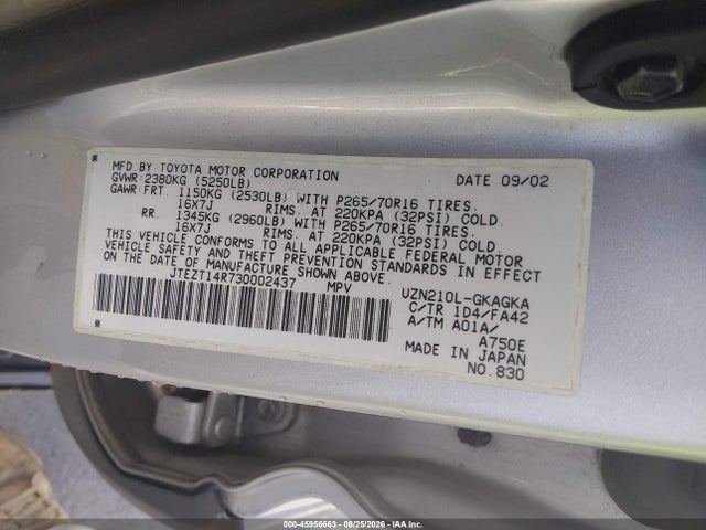 2003 Toyota 4runner Sr5 V8 მანქანა იყიდება აუქციონზე, vin: JTEZT14R730002437, აუქციონის ნომერი: 45956663