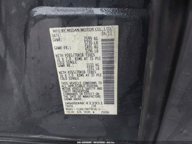 Aukcja sprzedaży 2011 Nissan Frontier Sv, vin: 1N6AD0ER4BC433951, numer aukcji: 45956666