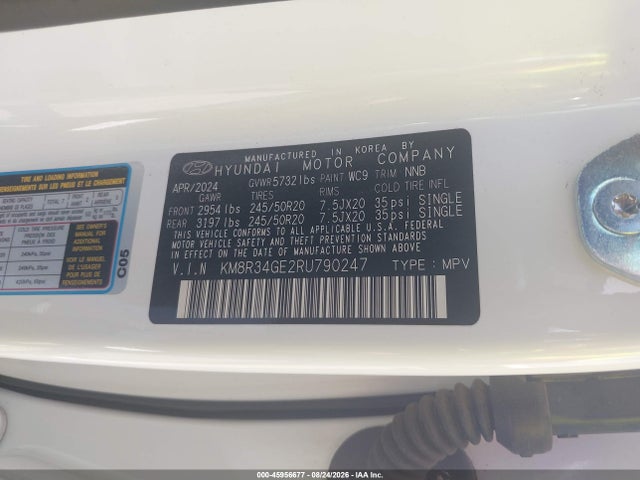 45956677 :رقم المزاد ، KM8R34GE2RU790247 vin ، 2024 Hyundai Palisade Xrt مزاد بيع