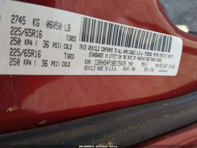 45956678 :رقم المزاد ، 1D8HN54P18B175478 vin ، 2008 Dodge Grand Caravan Sxt مزاد بيع