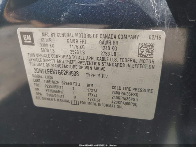 Aukcja sprzedaży 2016 Chevrolet Equinox Lt, vin: 2GNFLFEK7G6268938, numer aukcji: 45956689