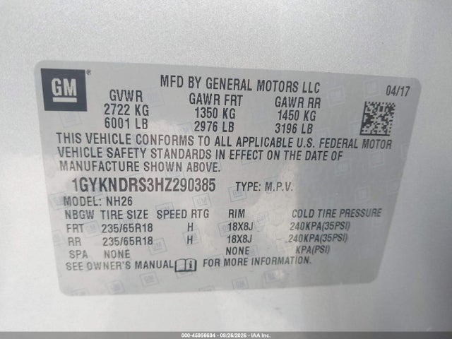 45956694 :رقم المزاد ، 1GYKNDRS3HZ290385 vin ، 2017 Cadillac Xt5 Luxury مزاد بيع