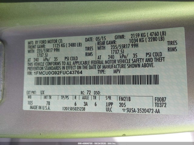 1FMCU0G92FUC43764 Ford ESCAPE SE