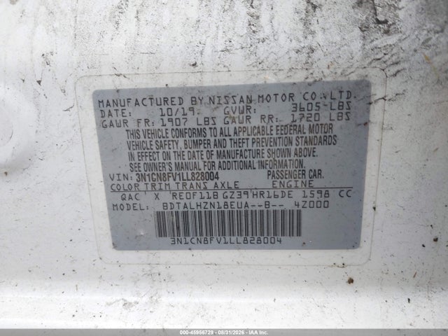 2020 Nissan Versa Sr Xtronic Cvt მანქანა იყიდება აუქციონზე, vin: 3N1CN8FV1LL828004, აუქციონის ნომერი: 45956729