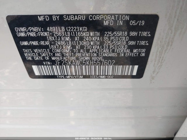 45956730 :رقم المزاد ، JF2SKAWC5KH557602 vin ، 2019 Subaru Forester Touring مزاد بيع