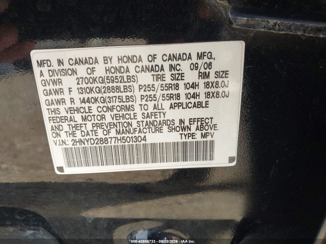 Продаж на аукціоні авто 2007 Acura Mdx Sport Package, vin: 2HNYD28877H501304, номер лоту: 45956733