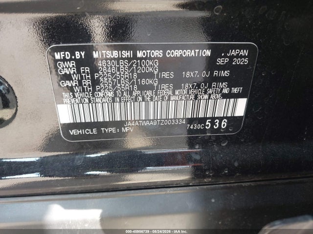 2026 Mitsubishi Eclipse Cross მანქანა იყიდება აუქციონზე, vin: JA4ATWAA9TZ003334, აუქციონის ნომერი: 45956739