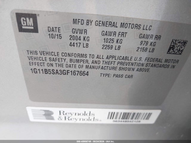 45956749 :رقم المزاد ، 1G11B5SA3GF167664 vin ، 2016 Chevrolet Malibu Limited Ls مزاد بيع