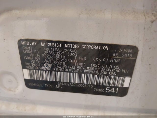45956757 :رقم المزاد ، JA4AD2A37KZ008215 vin ، 2019 Mitsubishi Outlander Es مزاد بيع