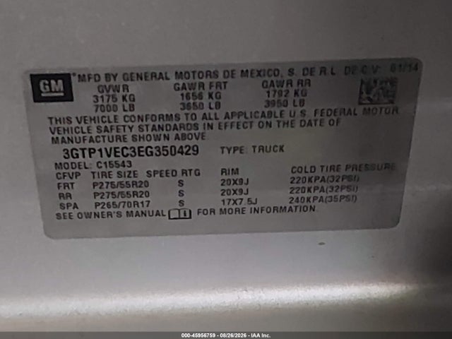 Продаж на аукціоні авто 2014 Gmc Sierra 1500 Slt, vin: 3GTP1VEC3EG350429, номер лоту: 45956759