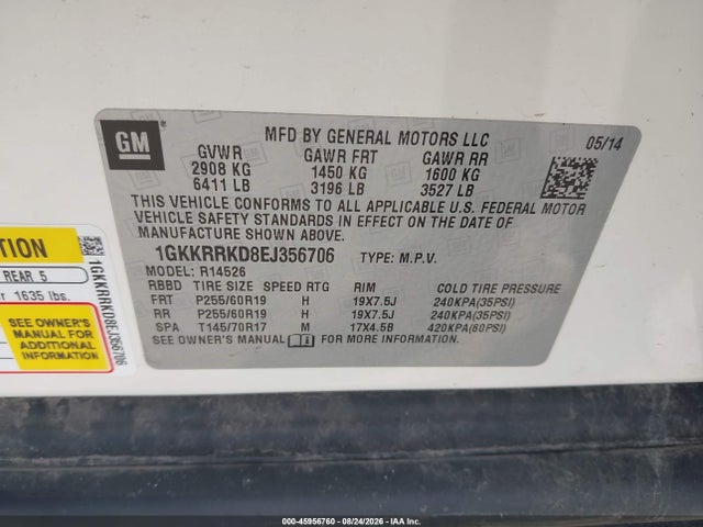 2014 Gmc Acadia Slt-1 მანქანა იყიდება აუქციონზე, vin: 1GKKRRKD8EJ356706, აუქციონის ნომერი: 45956760