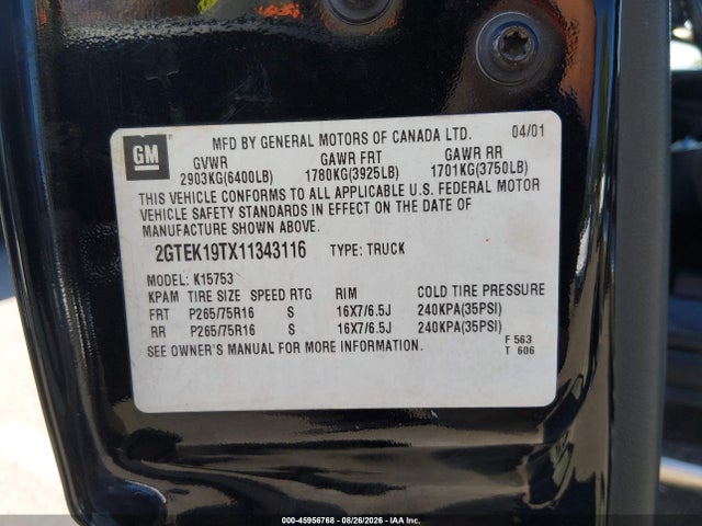 45956768 :رقم المزاد ، 2GTEK19TX11343116 vin ، 2001 Gmc New Sierra K1500 مزاد بيع