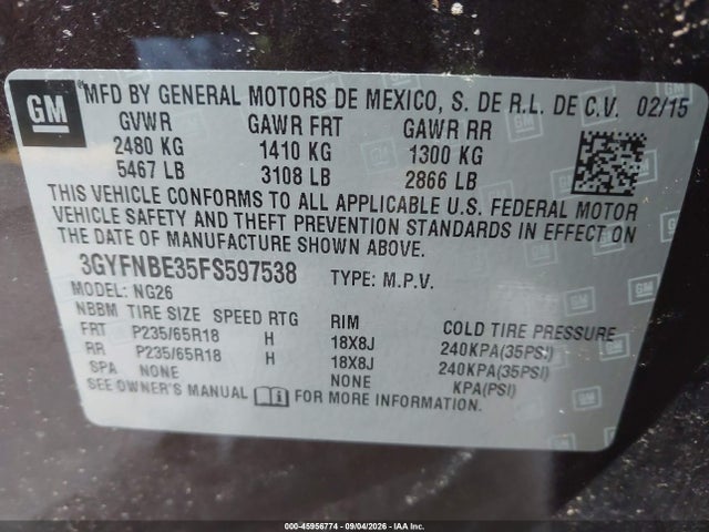 Aukcja sprzedaży 2015 Cadillac Srx Luxury Collection, vin: 3GYFNBE35FS597538, numer aukcji: 45956774
