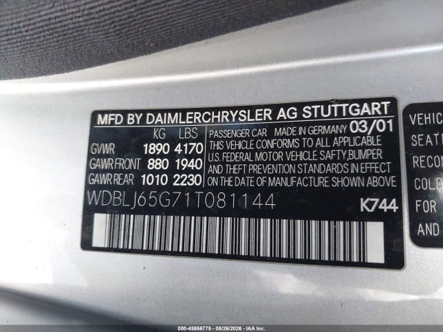 Aukcja sprzedaży 2001 Mercedes-benz Clk 320, vin: WDBLJ65G71T081144, numer aukcji: 45956775