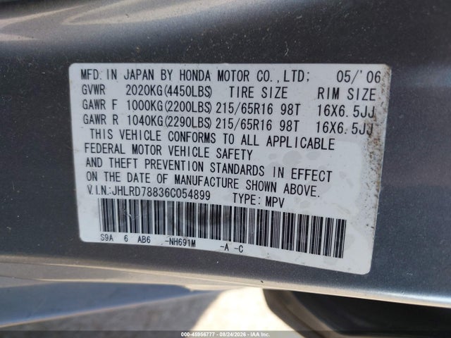 45956777 :رقم المزاد ، JHLRD78836C054899 vin ، 2006 Honda Cr-v Ex مزاد بيع