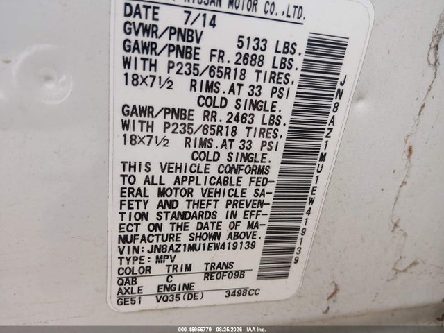 Nissan MURANO SL 2014 JN8AZ1MU1EW419139 Image 9