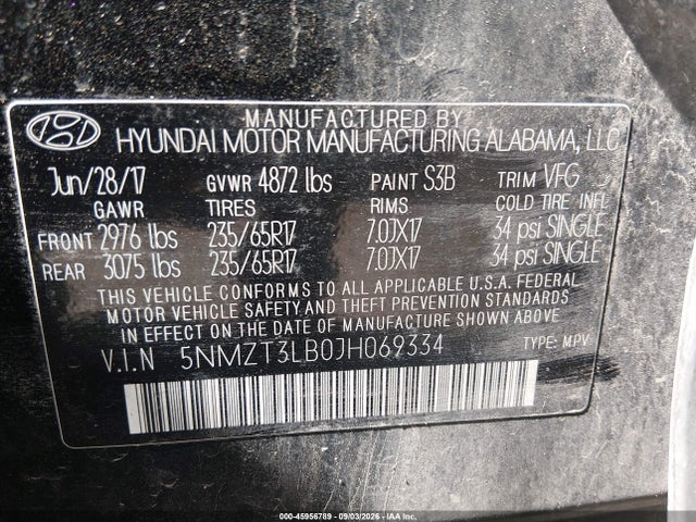 2018 Hyundai Santa Fe Sport 2.4l მანქანა იყიდება აუქციონზე, vin: 5NMZT3LB0JH069334, აუქციონის ნომერი: 45956789
