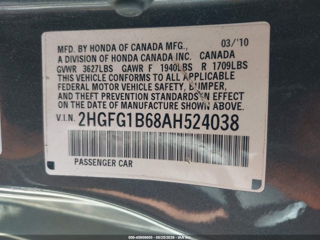 45956800 :رقم المزاد ، 2HGFG1B68AH524038 vin ، 2010 Honda Civic Lx مزاد بيع
