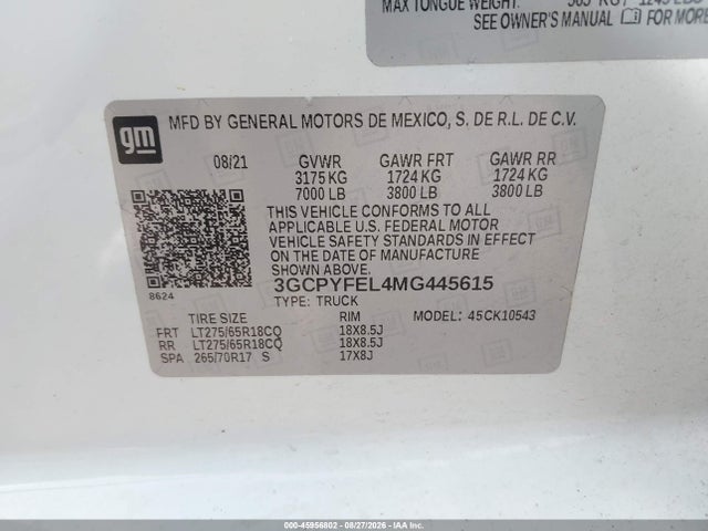 45956802 :رقم المزاد ، 3GCPYFEL4MG445615 vin ، 2021 Chevrolet Silverado 1500 4wd  Short Bed Lt Trail Boss مزاد بيع