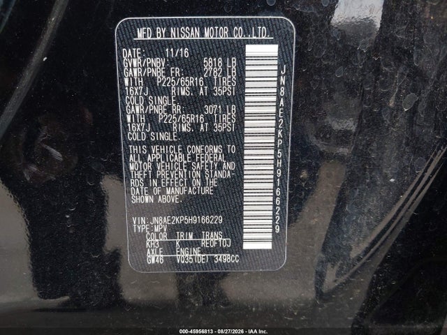 JN8AE2KP5H9166229 Nissan Quest Sv
