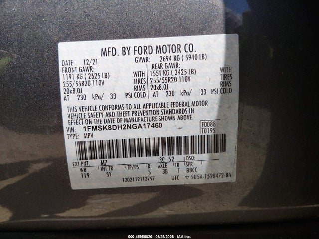 Aukcja sprzedaży 2022 Ford Explorer Xlt, vin: 1FMSK8DH2NGA17460, numer aukcji: 45956820