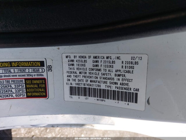 Aukcja sprzedaży 2013 Honda Accord Ex, vin: 1HGCT1B74DA011296, numer aukcji: 45956839