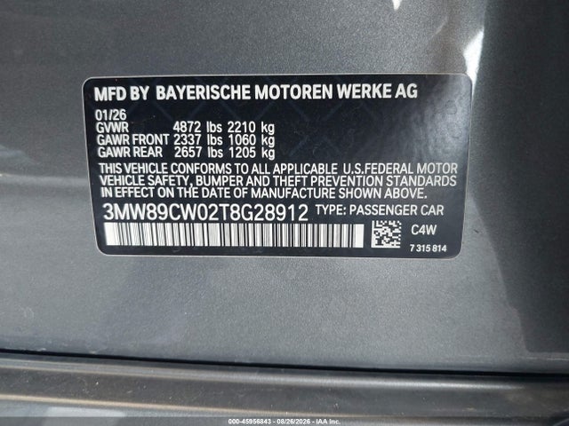 45956843 :رقم المزاد ، 3MW89CW02T8G28912 vin ، 2026 Bmw 330i Xdrive Na مزاد بيع