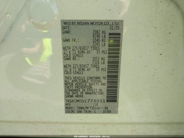 Продажа на аукционе авто 2020 Nissan Rogue S Fwd, vin: 5N1AT2MT2LC774051, номер лота: 45956845