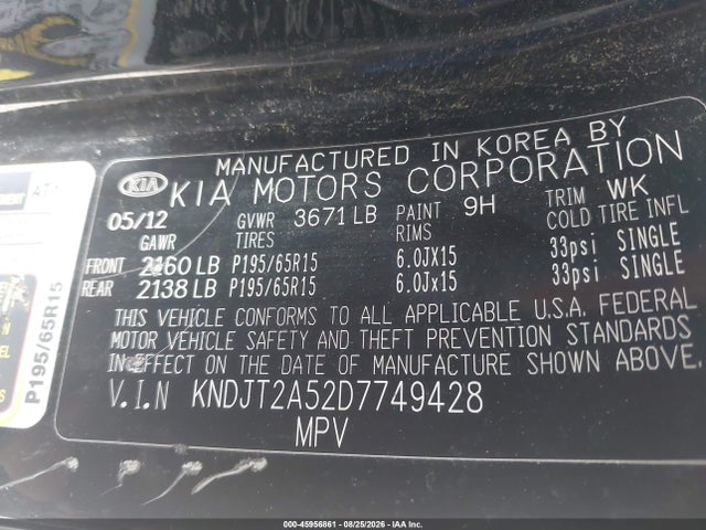 45956861 :رقم المزاد ، KNDJT2A52D7749428 vin ، 2013 Kia Soul مزاد بيع