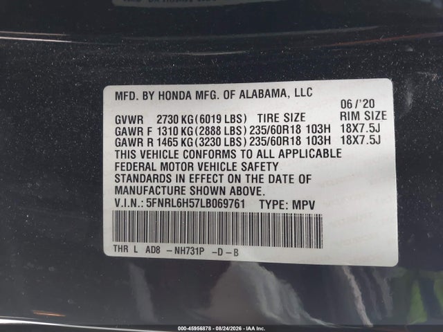 Honda ODYSSEY EX 2020 5FNRL6H57LB069761 Image 9