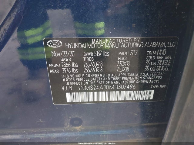 Aukcja sprzedaży 2021 Hyundai Santa Fe Sel, vin: 5NMS24AJ0MH307496, numer aukcji: 45956880