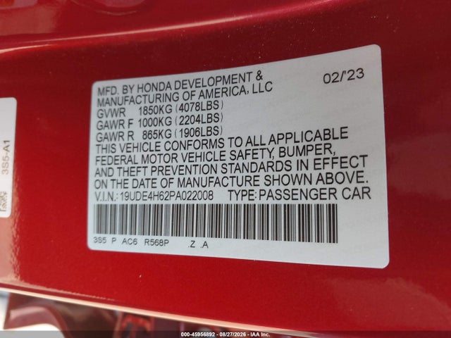 45956892 :رقم المزاد ، 19UDE4H62PA022008 vin ، 2023 Acura Integra A-spec Technology مزاد بيع