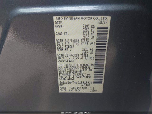 45956894 :رقم المزاد ، 5N1AZ2MH7HN188855 vin ، 2017 Nissan Murano Sl مزاد بيع