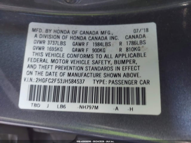45956896 :رقم المزاد ، 2HGFC2F53JH584537 vin ، 2018 Honda Civic Lx مزاد بيع