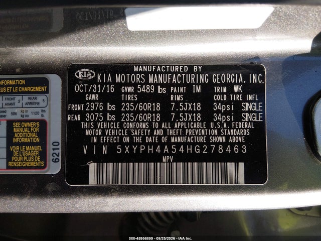 Продажа на аукционе авто 2017 Kia Sorento 3.3l Ex, vin: 5XYPH4A54HG278463, номер лота: 45956899