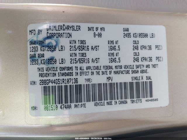 Продаж на аукціоні авто 2001 Dodge Grand Caravan Sport, vin: 2B8GP44G51R107136, номер лоту: 45956905