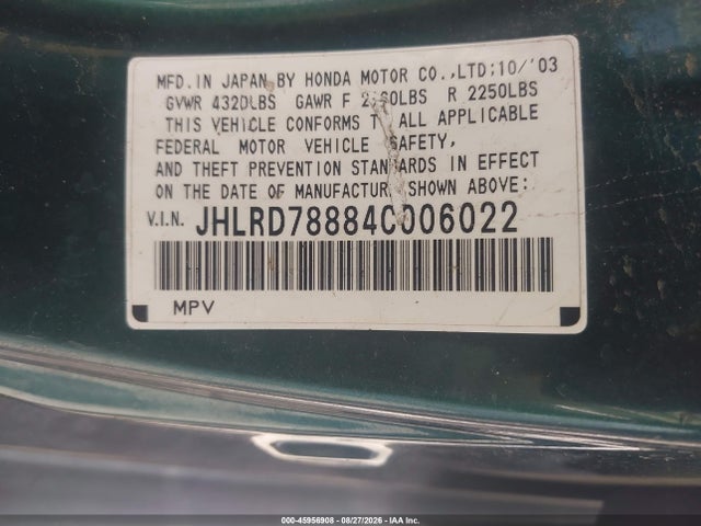 45956908 :رقم المزاد ، JHLRD78884C006022 vin ، 2004 Honda Cr-v Ex مزاد بيع