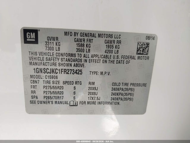 Продажа на аукционе авто 2015 Chevrolet Suburban Lt, vin: 1GNSCJKC1FR273425, номер лота: 45956940