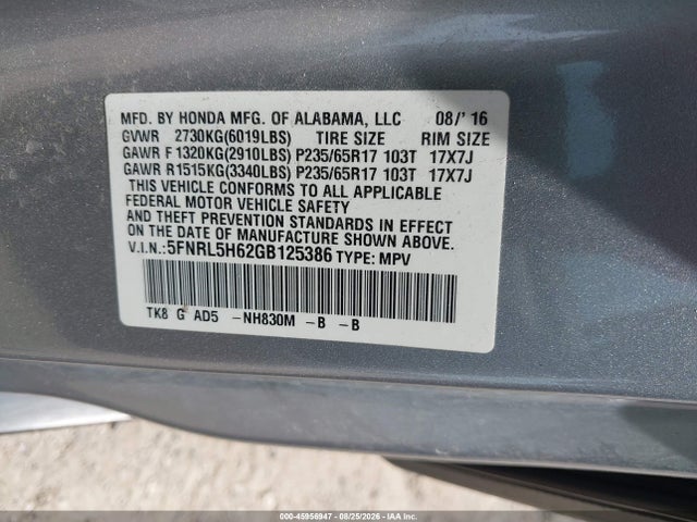 Auction sale of the 2016 Honda Odyssey Ex-l, vin: 5FNRL5H62GB125386, lot number: 45956947