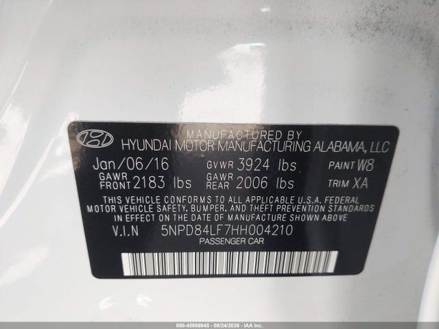 Aukcja sprzedaży 2017 Hyundai Elantra Se, vin: 5NPD84LF7HH004210, numer aukcji: 45956948