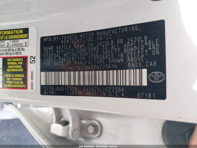 2023 Toyota Camry Se მანქანა იყიდება აუქციონზე, vin: 4T1G11AK6PU720614, აუქციონის ნომერი: 45956969