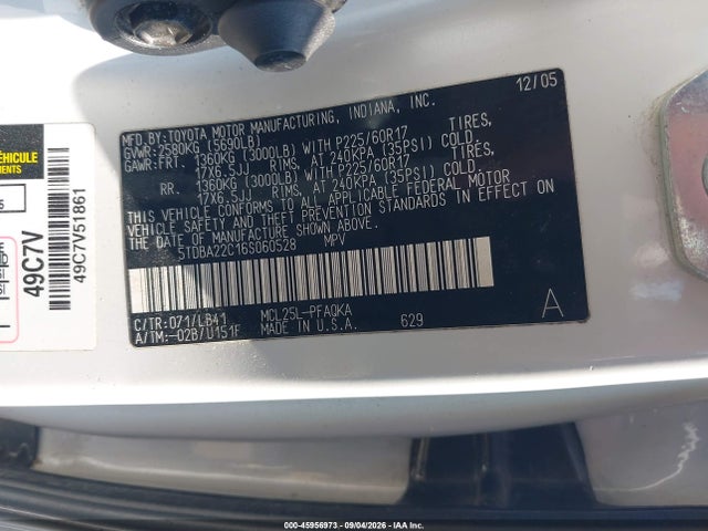 45956973 :رقم المزاد ، 5TDBA22C16S060528 vin ، 2006 Toyota Sienna Xle مزاد بيع