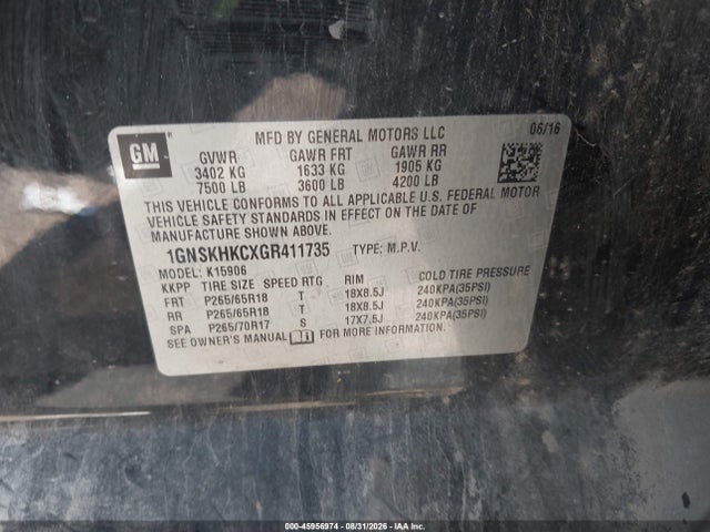45956974 :رقم المزاد ، 1GNSKHKCXGR411735 vin ، 2016 Chevrolet Suburban Lt مزاد بيع