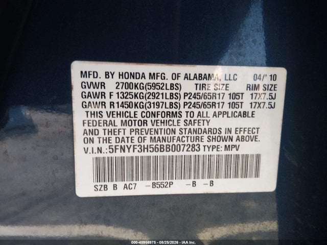 Продажа на аукционе авто 2011 Honda Pilot Ex-l, vin: 5FNYF3H56BB007283, номер лота: 45956975